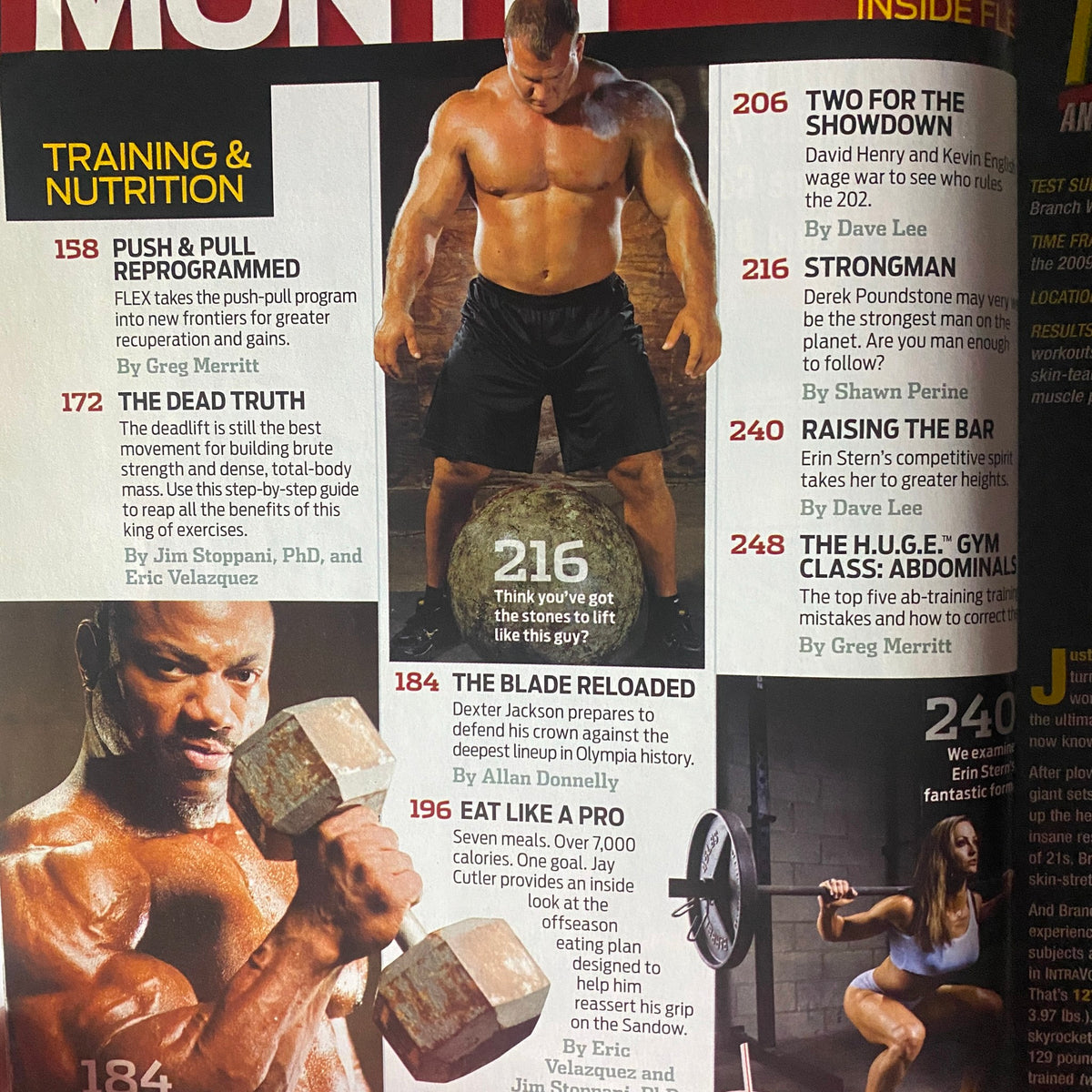 Interior page of Flex Magazine September 2009 displaying articles and insights on training and nutrition, featuring David Henry and other pro athletes.