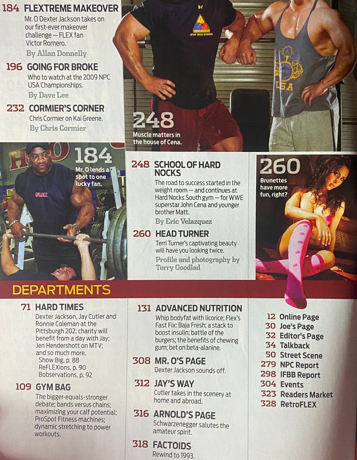 Interior page of Flex Magazine August 2009, Volume 27, Number 6, highlighting fitness articles, competitions, and a section on advanced nutrition.