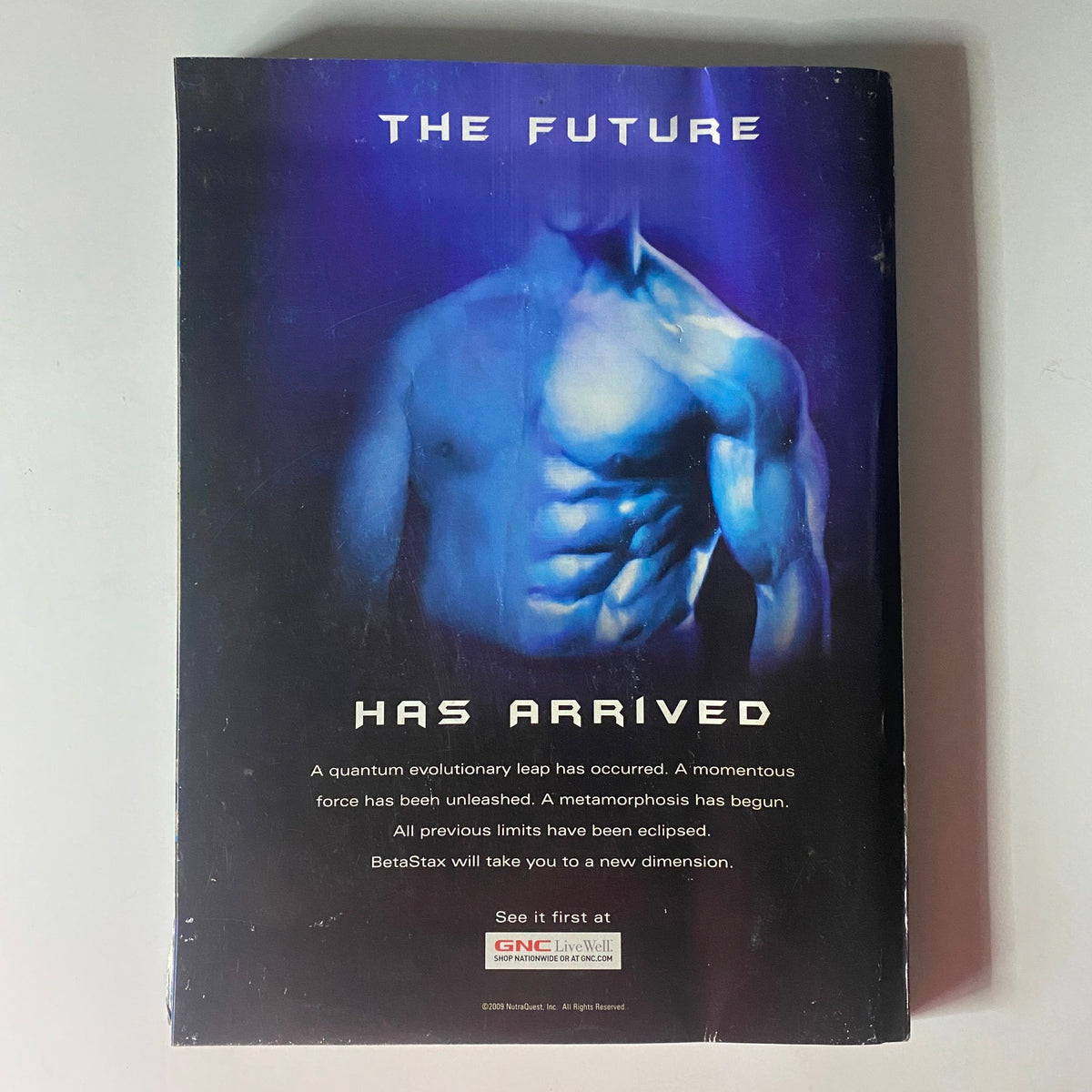 Back cover of Flex Magazine April 2009 Vol 27, Num 2 featuring a muscular figure highlighting the theme 'The Future Has Arrived'.