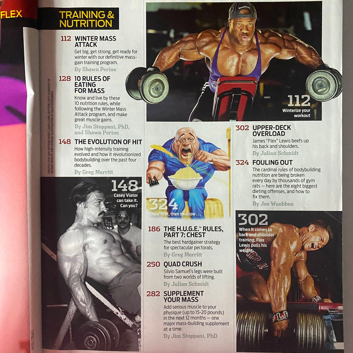 Interior page from Flex Magazine December 2008 showcasing training and nutrition articles, including Winter Mass and essential muscle-building tips.