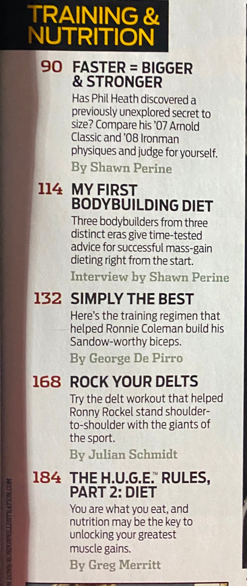 Inside page from Flex Magazine July 2008 detailing articles on bodybuilding training and nutrition, including Phil Heath's program.