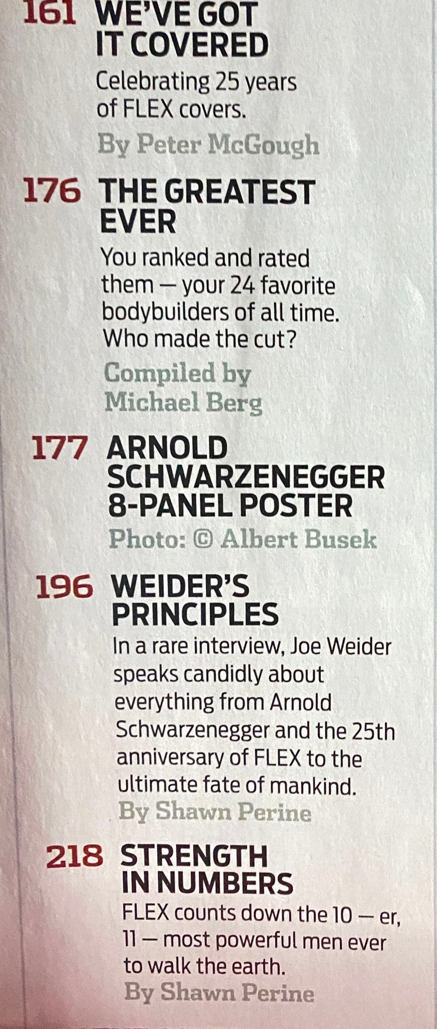 Interior page of Flex Magazine May 2008 showcasing articles including 'We've Got It Covered', 'The Greatest Ever', and 'Arnold Schwarzenegger 8-Panel Poster'.
