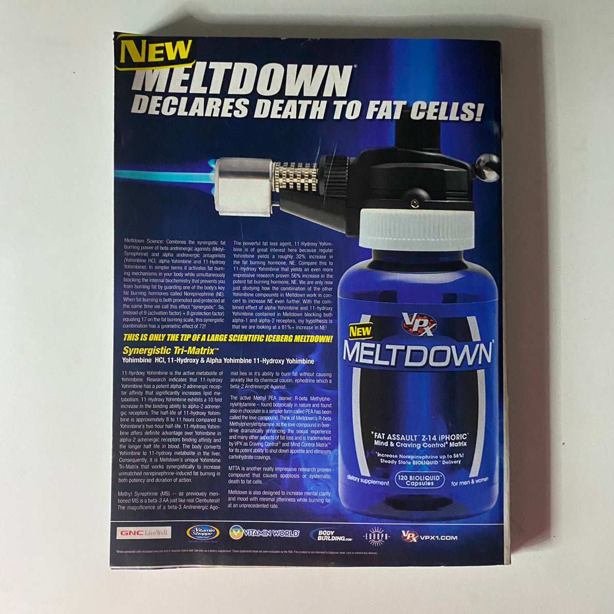 Back cover of Flex Magazine May 2008 featuring an advertisement for VPX Meltdown, a dietary supplement designed to aid fat loss.