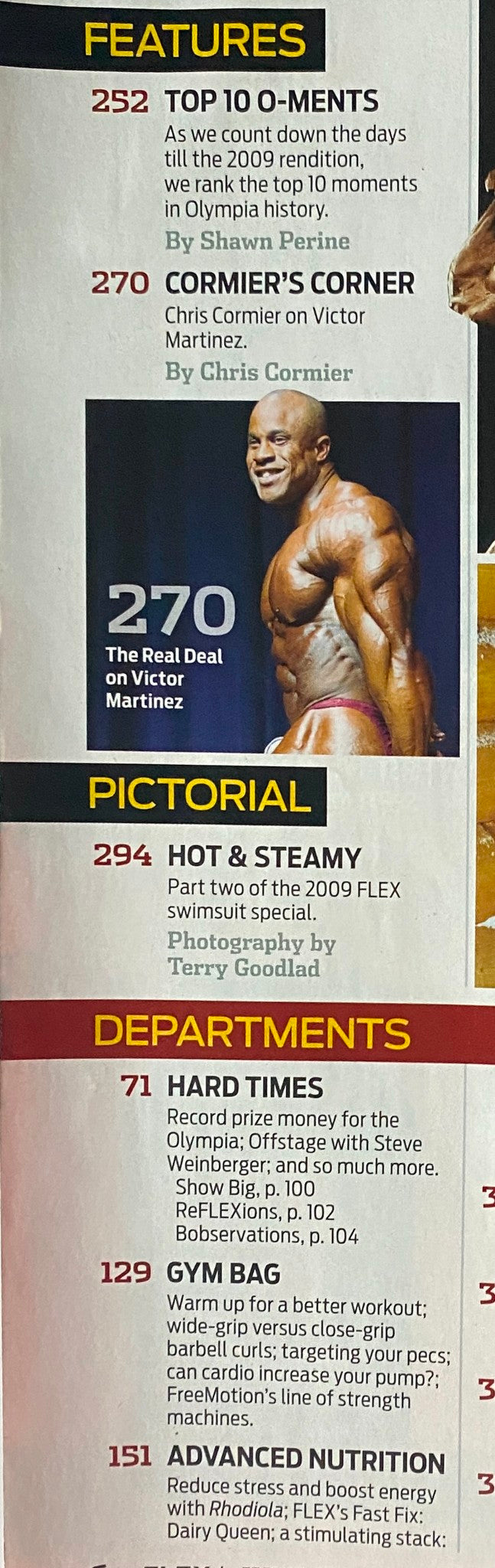 Interior page of Flex Magazine July 2009 highlighting features like 'Top 10 O-Ments' and 'Cormier's Corner', essential for bodybuilding enthusiasts.