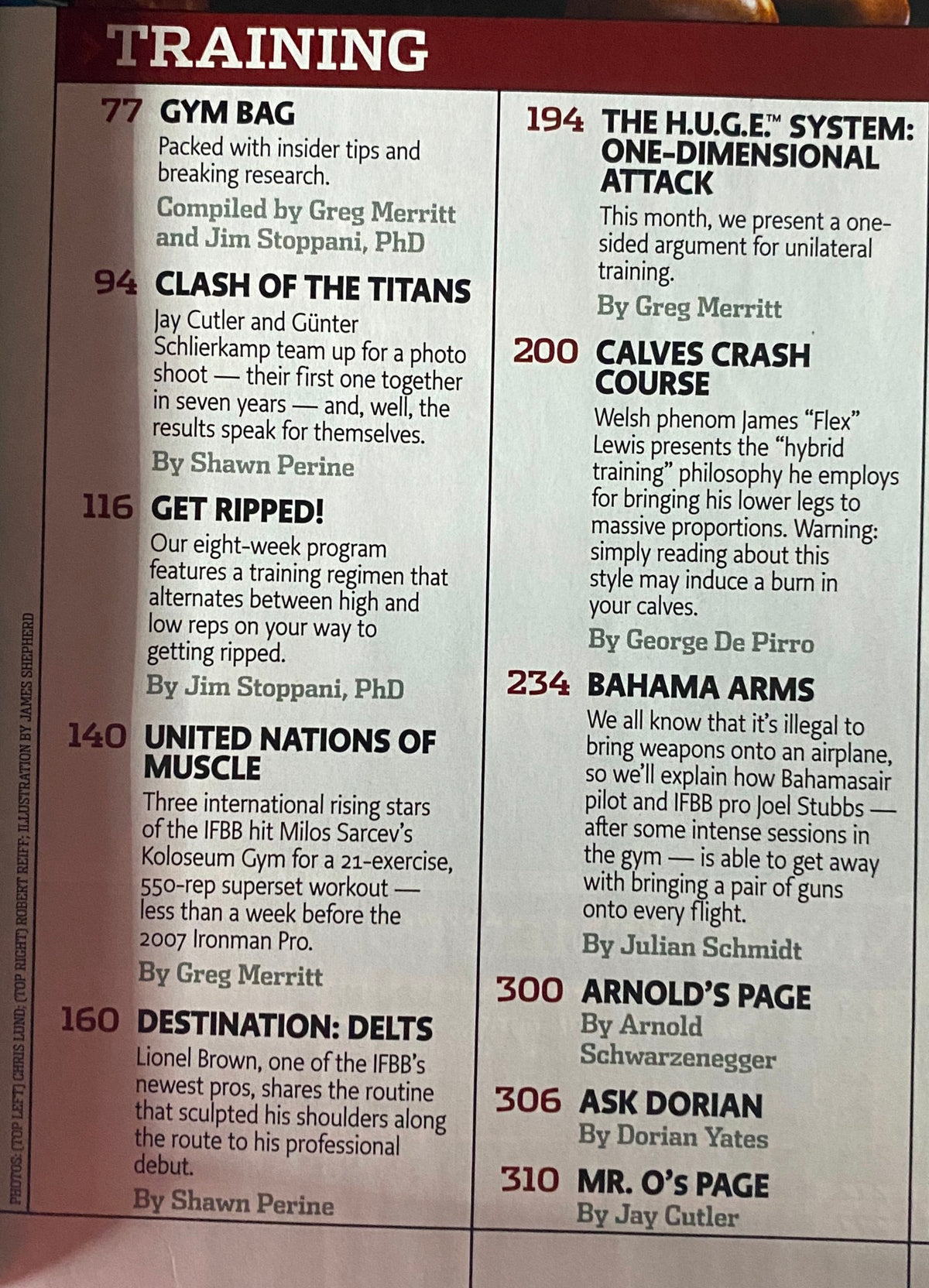 Table of contents from Flex Magazine May 2007, Vol 25, Num 3, featuring articles on training regimens and iconic athletes including Jay Cutler and Günter Schlierkamp.