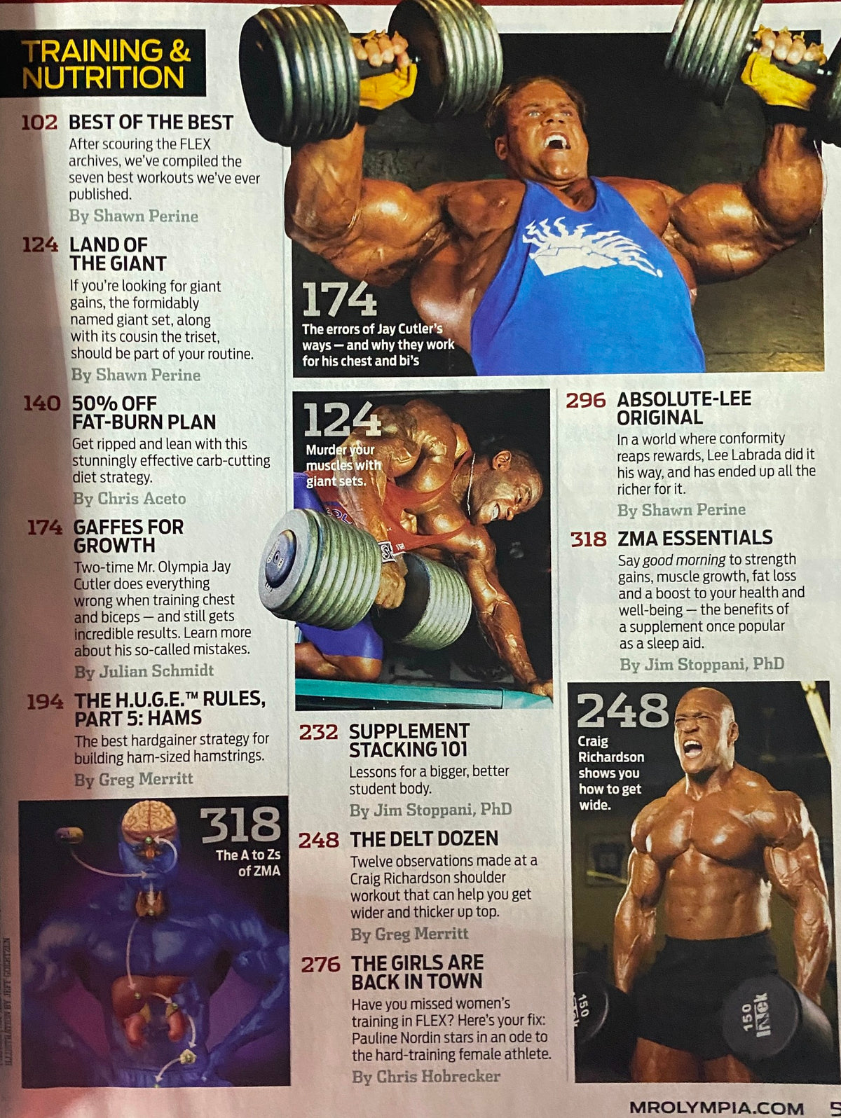 Interior page of Flex Magazine October 2008 highlighting training and nutrition articles, including best workouts and supplement advice.