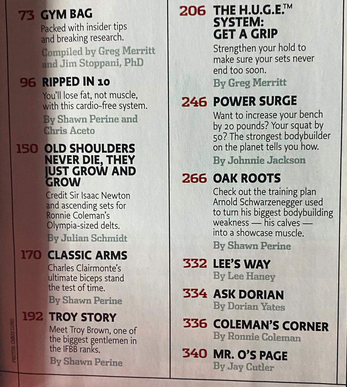 Interior page of Flex Magazine April 2008 showing articles such as 'Gym Bag' by Greg Merritt and 'Ripped in 10' by Chris Aceto. This issue is a valuable resource for bodybuilding advice.