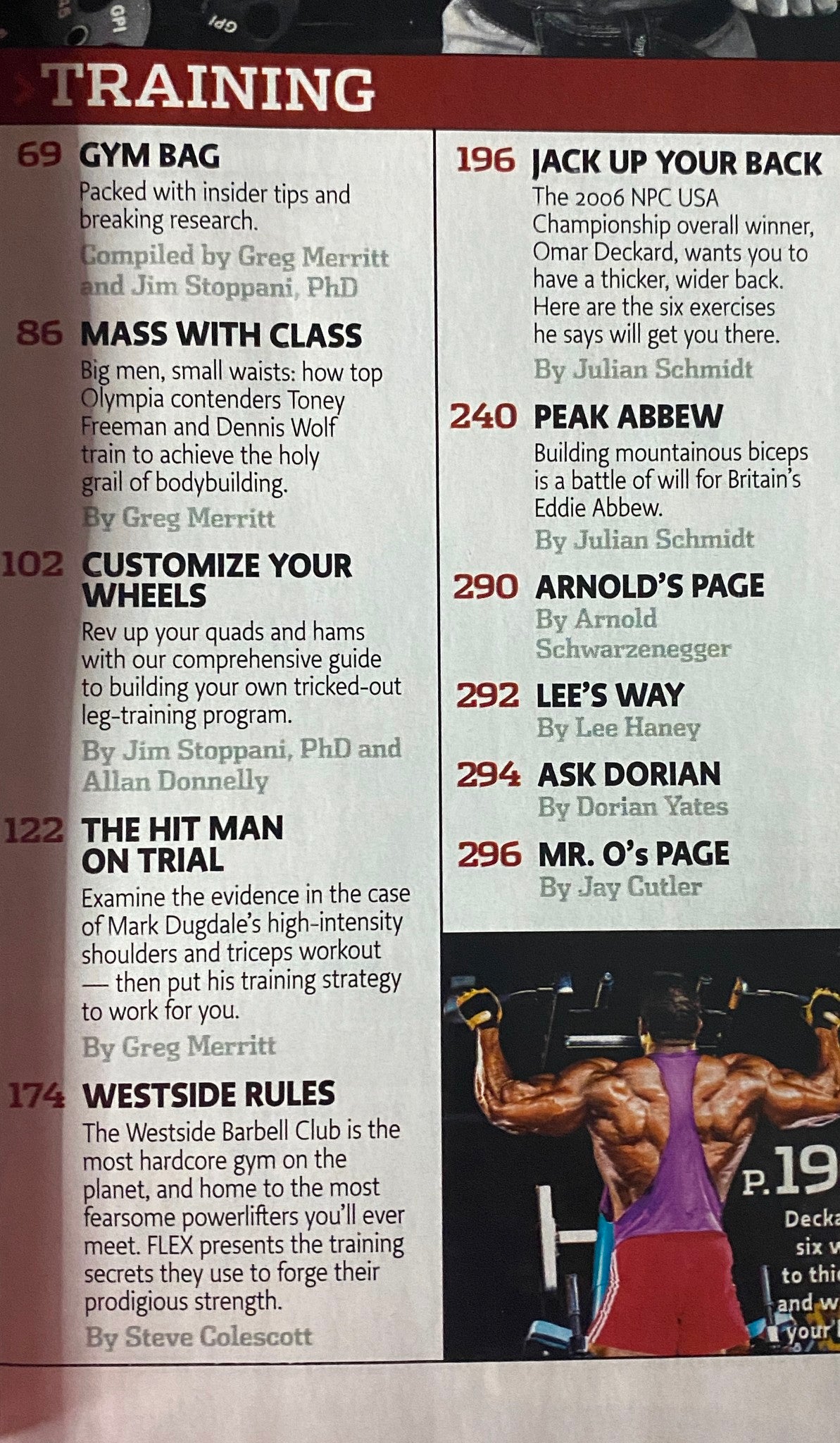 Interior page of Flex Magazine September 2007 Vol 25, Num 7 featuring sections like 'Gym Bag' and 'Mass With Class', showcasing training tips and techniques for bodybuilding.