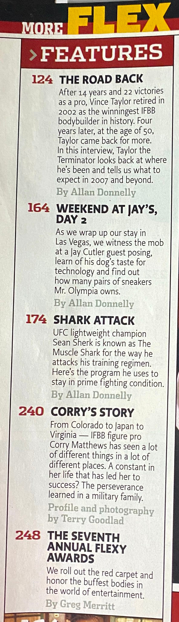 Page from Flex Magazine April 2007 Vol 25 Num 2 featuring articles, including 'The Road Back,' 'Shark Attack,' and 'Corry's Story,' highlighting key fitness and bodybuilding topics.
