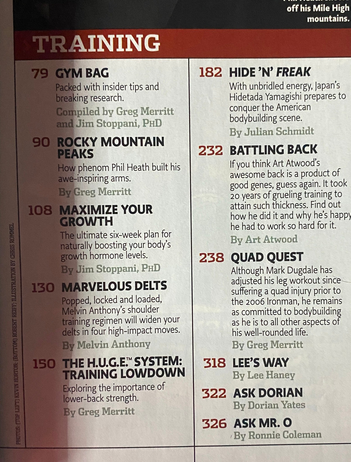 Interior page of Flex Magazine August 2006 Vol 24, Num 6 with a table of contents highlighting training articles including 'Gym Bag' and 'Quad Quest'.