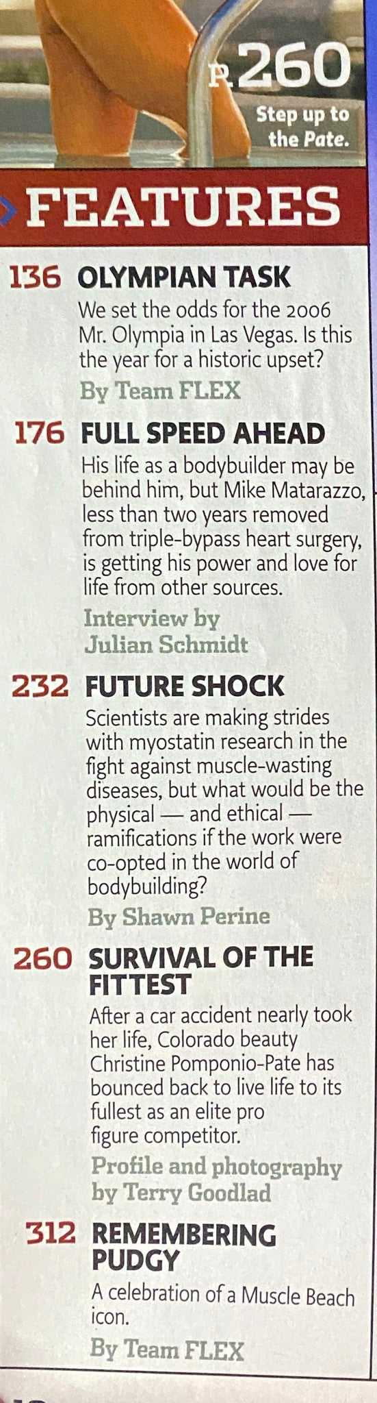 Interior page of Flex Magazine September 2006, highlighting features such as Olympic predictions and athlete stories.