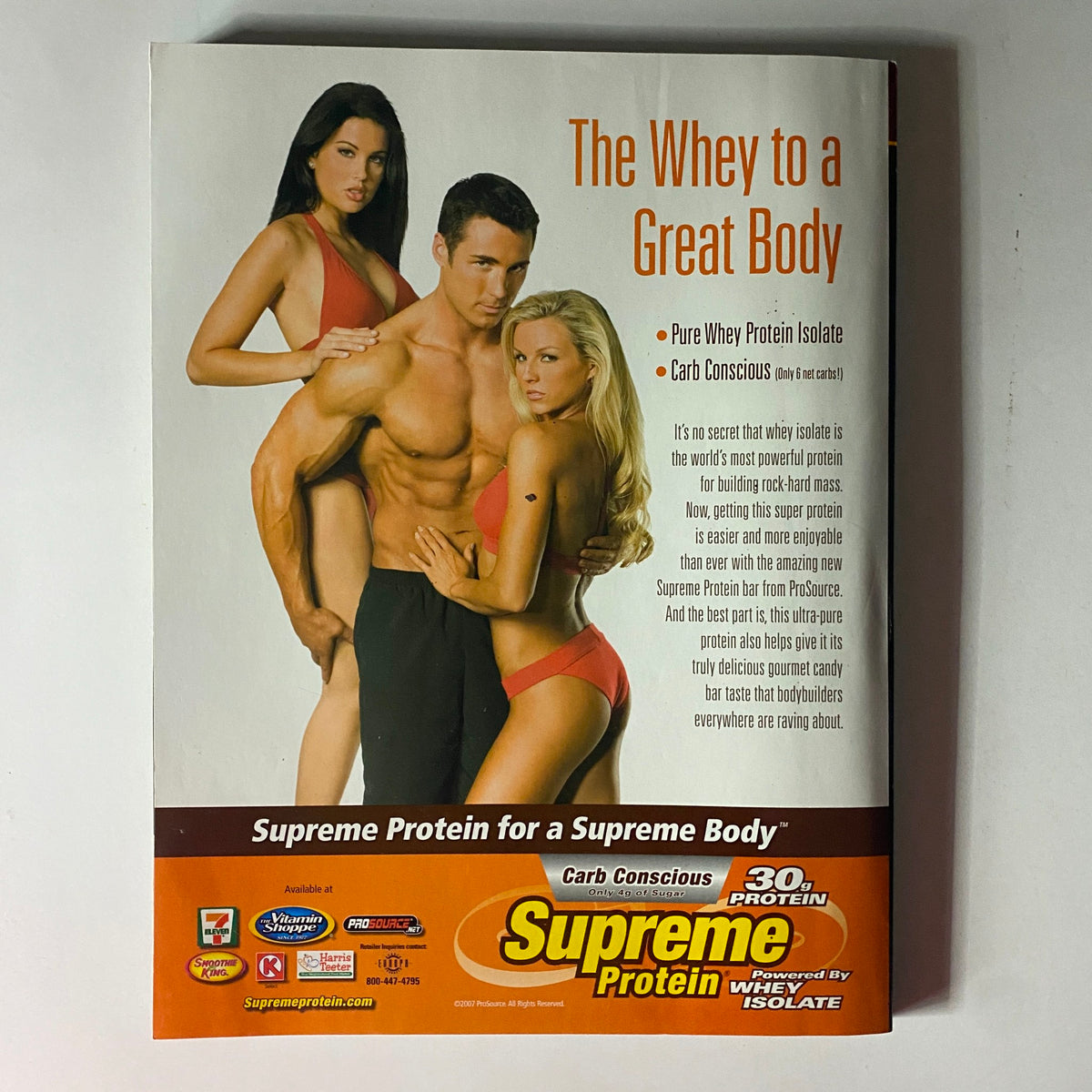 Back cover of Flex Magazine August 2007 featuring a promotional ad for Supreme Protein, showcasing fitness models with a focus on whey protein isolate for bodybuilding enthusiasts.