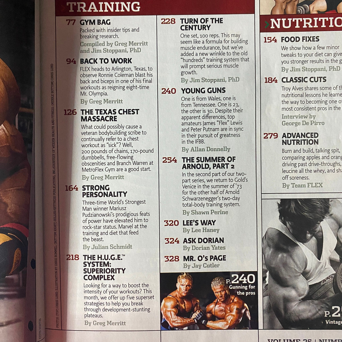Table of contents for Flex Magazine March 2007, detailing training and nutrition articles, including Ronnie Coleman's workouts and expert advice.