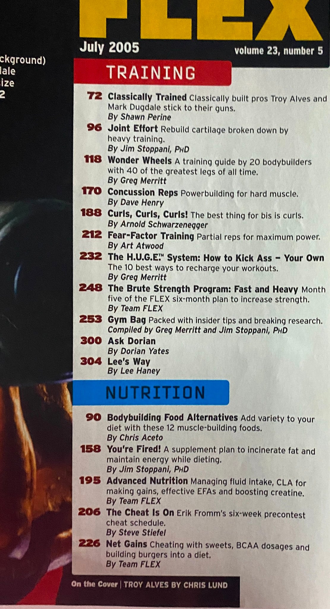 Cover page of Flex Magazine, July 2005, Volume 23, Number 5, featuring Troy Alves, showcasing articles on advanced training techniques, nutrition tips, and bodybuilding insights.