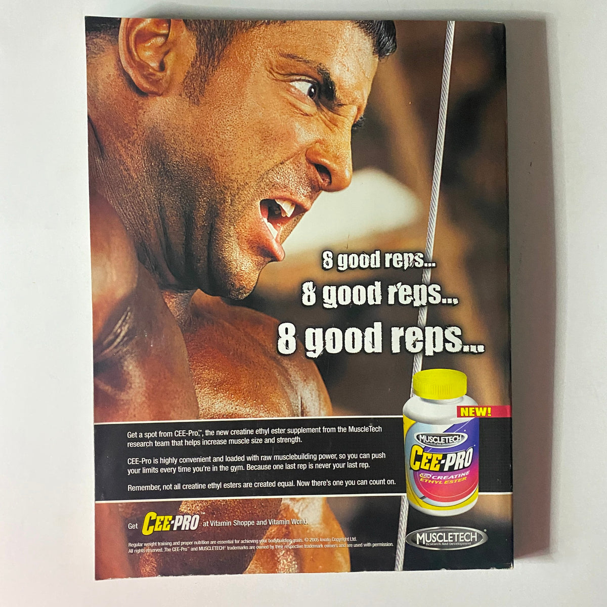 Back cover of Flex Magazine, July 2005, Volume 23, Number 5, advertising CEE-PRO supplement from MuscleTech with a close-up image of a muscular man and information about the product.