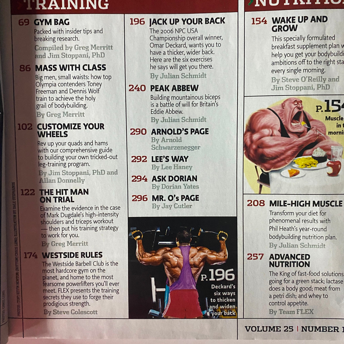 Inside pages of Flex Magazine September 2007, highlighting diverse training articles including 'Gym Bag' and 'Mass with Class' with insights from elite bodybuilders.
