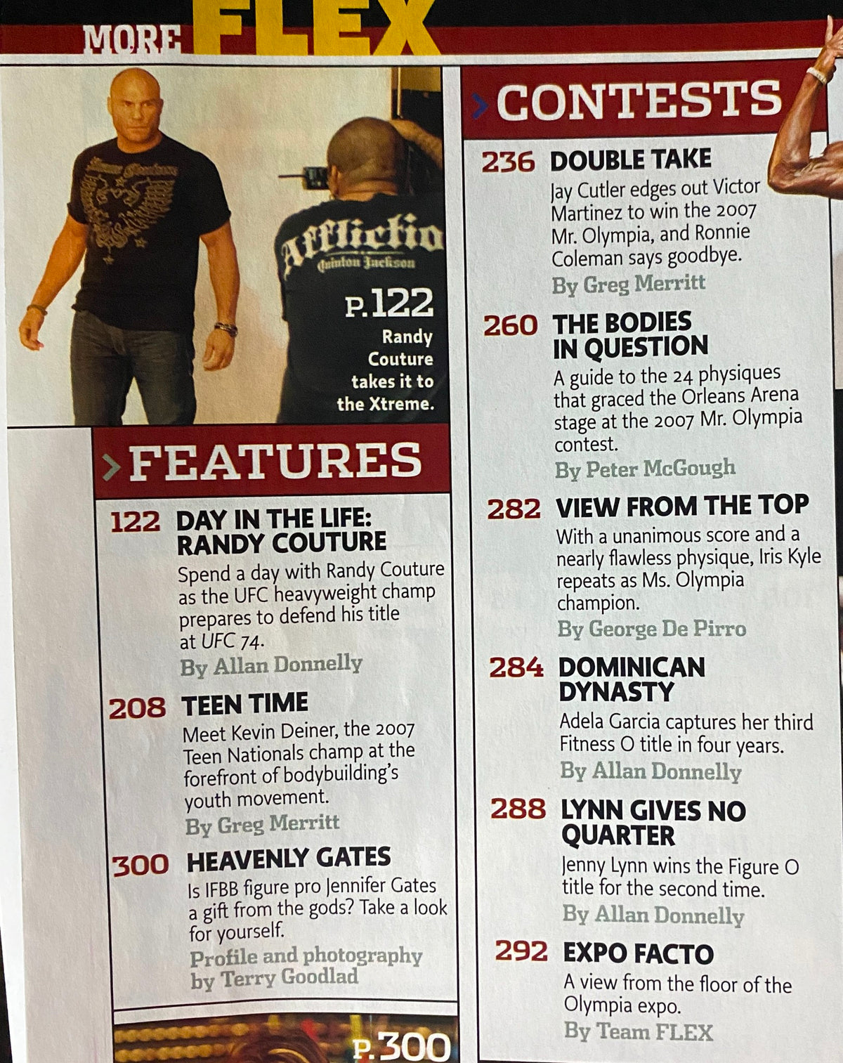 Interior page of Flex Magazine December 2007 showcasing a feature on UFC legend Randy Couture, highlighting his life and career during 2007.