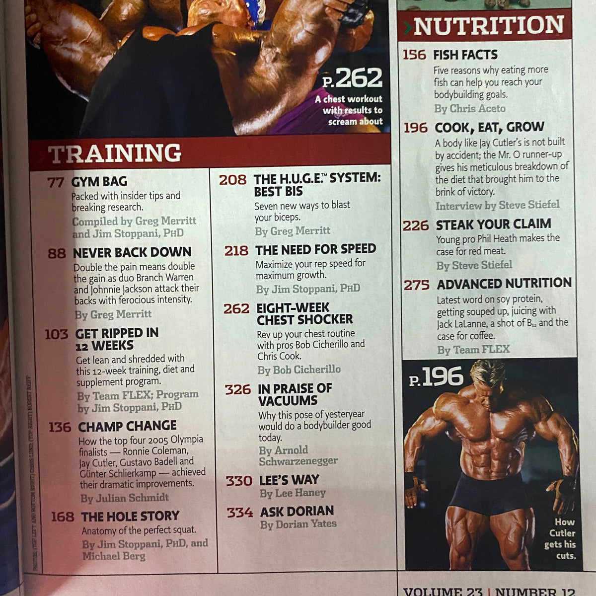 Interior page of Flex Magazine February 2006 highlighting training tips, nutrition facts, and articles by bodybuilding experts.