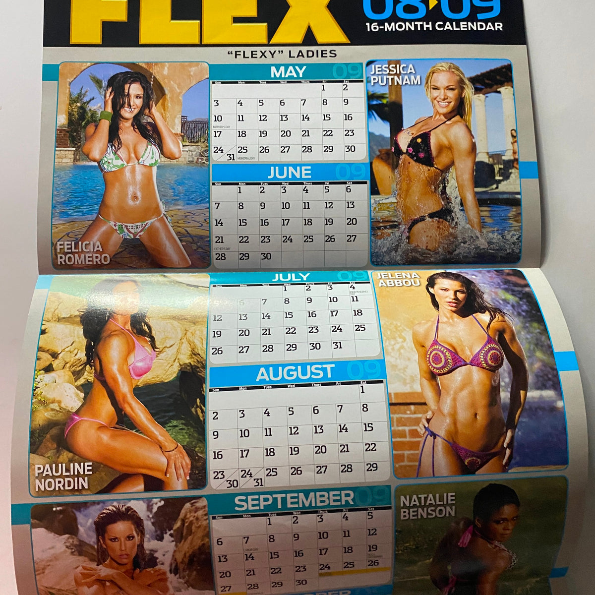 Calendar pages from Flex Magazine September 2008 Vol 26, Num 7 showcasing bikini models Felicia Romero and Jessica Putnam.