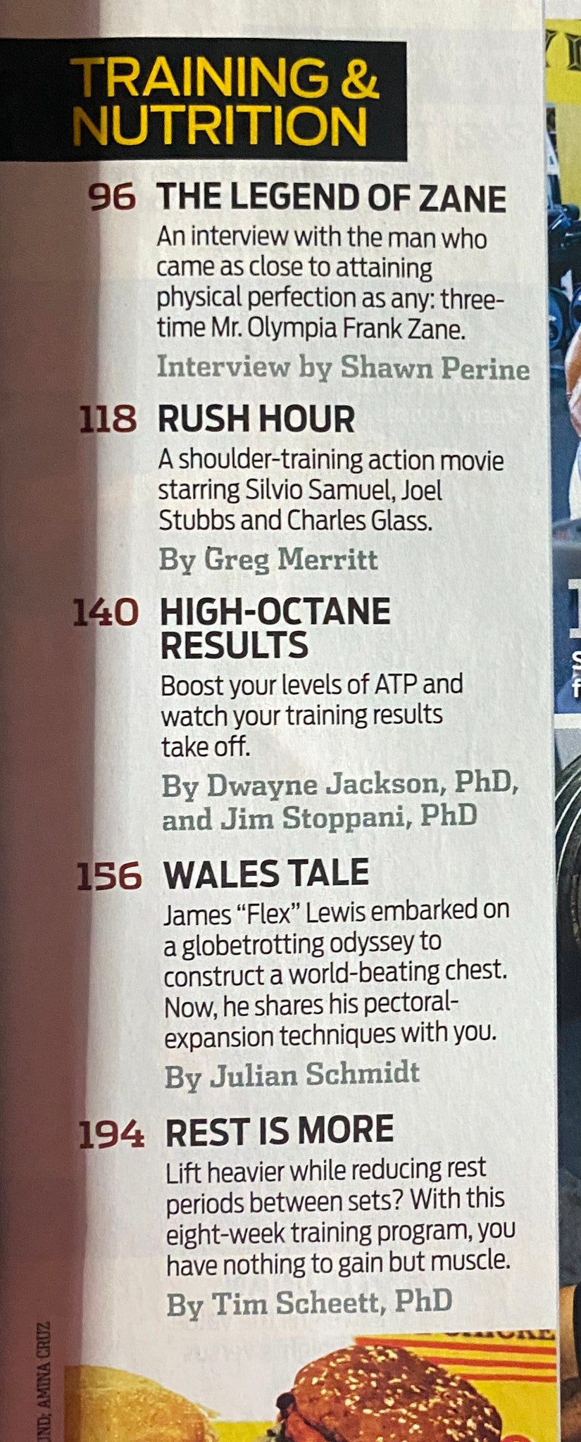 Interior page of Flex Magazine August 2008, featuring an article titled 'The Legend of Zane' and tips on advanced training and nutrition.