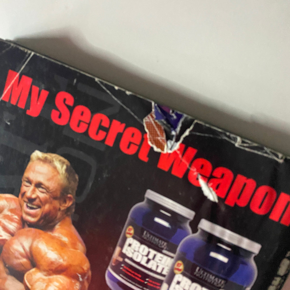 Close-up of the back cover of Flex Magazine August 2008, featuring detailed product information for protein supplements.