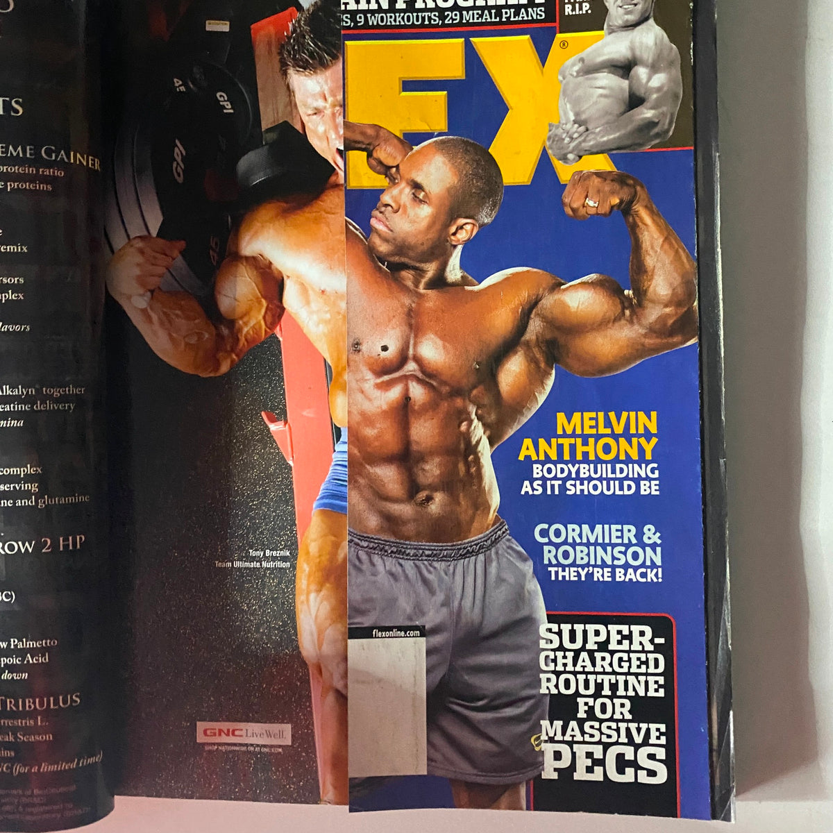 Interior page of Flex Magazine February 2008 featuring Melvin Anthony in an intense bodybuilding pose. Recognized for showcasing tips on muscle development and workout routines.
