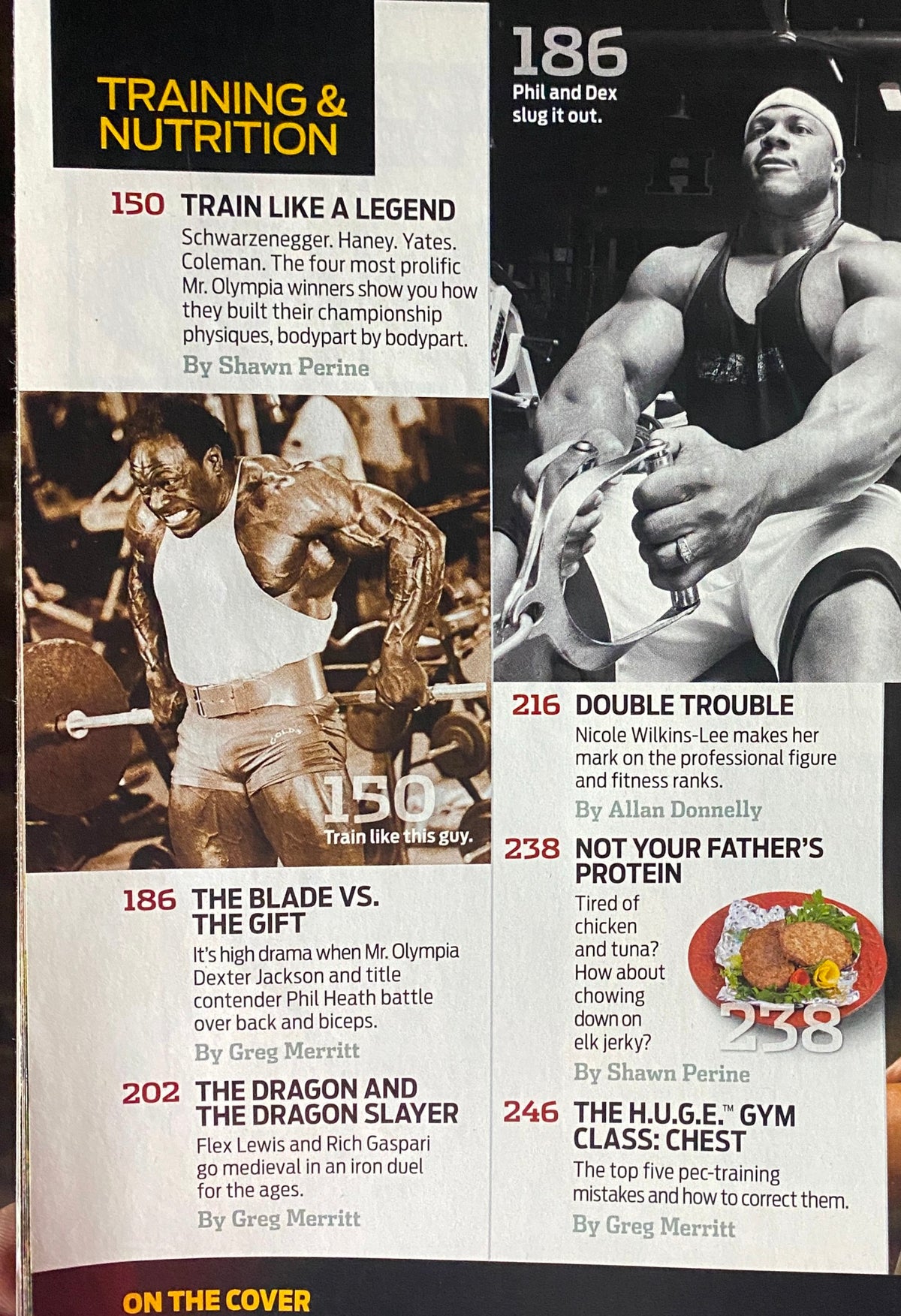 Flex Magazine October 2009 featuring training tips from legends, highlighting the segments 'Train Like a Legend', 'The Blade vs. The Gift', 'The Dragon and The Dragon Slayer', and 'Double Trouble', showcasing iconic bodybuilders and their techniques.