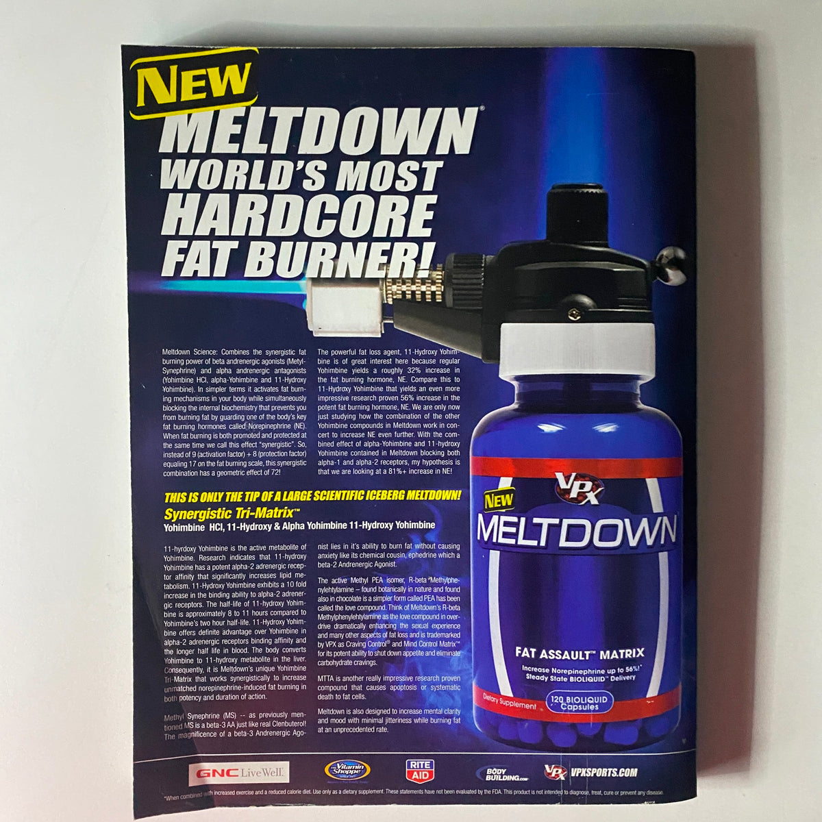 Back cover of Muscular Development Magazine July 2008 Vol 45, Num 7 promoting VPX Meltdown fat burner as part of the magazine's advertisements.