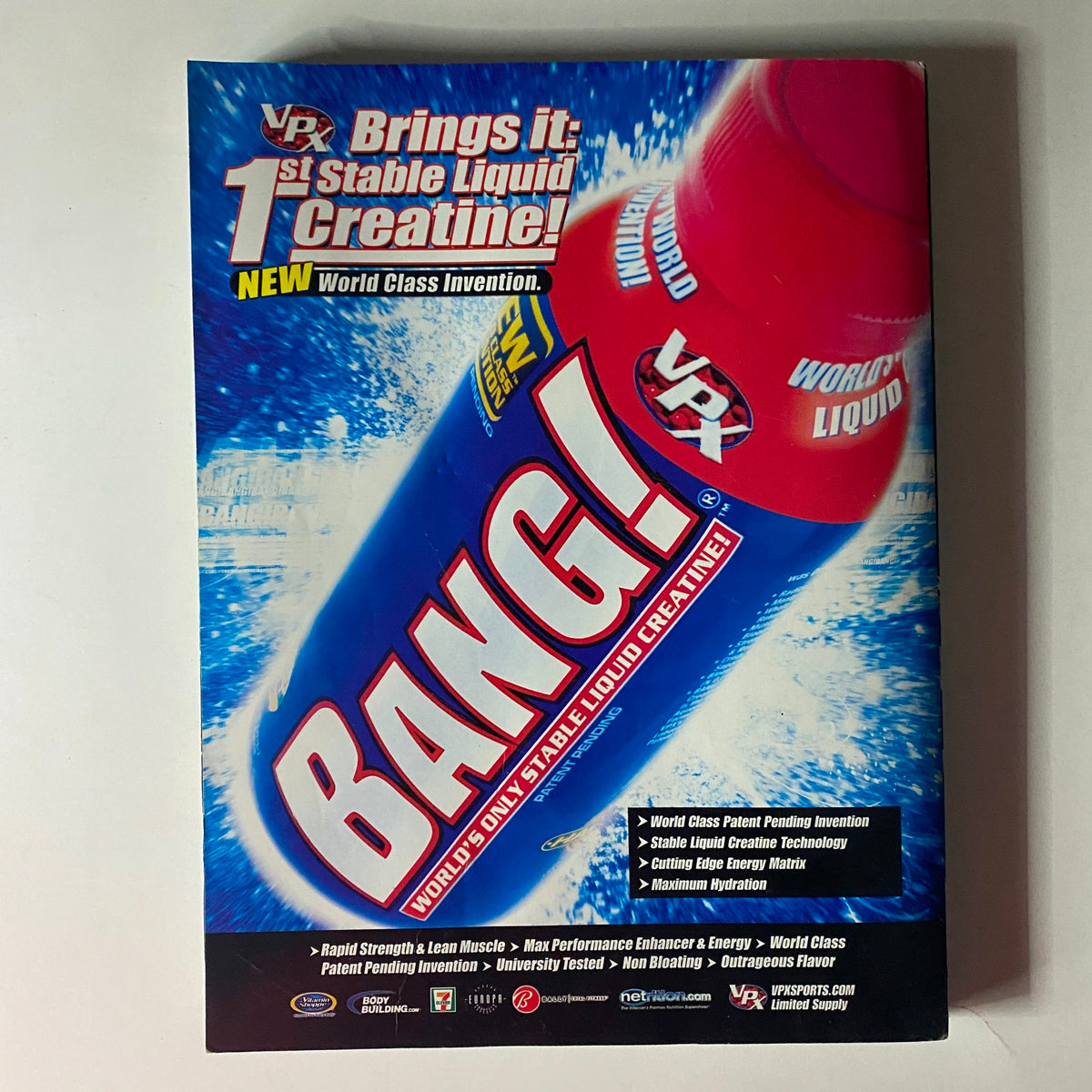 Back cover of Muscular Development Magazine February 2009 promoting Bang! liquid creatine with details on muscle enhancement.