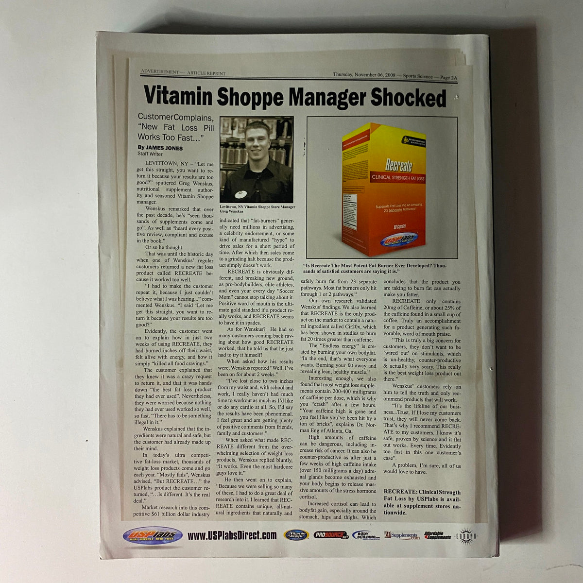 Back page of Muscular Development Magazine April 2009, including an article about a vitamin shoppe manager's experience with weight loss products.