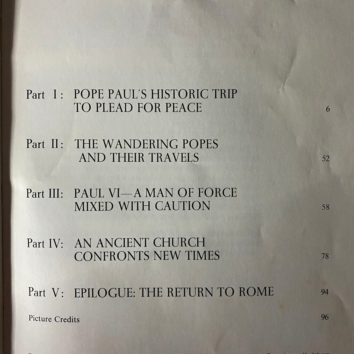 1965 Time Life Special Report: The Pope's Visit - Table of Contents showcasing major sections including 'Pope Paul’s Historic Trip to Plead for Peace' and other important themes.