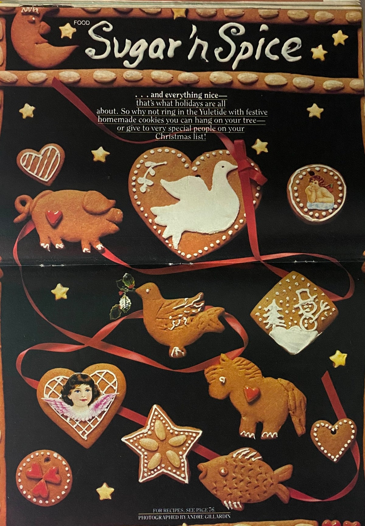 Decorative gingerbread cookies displayed on a dark background, featuring festive shapes like hearts, doves, and stars, highlighting the theme 'Sugar'n Spice', as seen in Young Miss Magazine November 1981.
