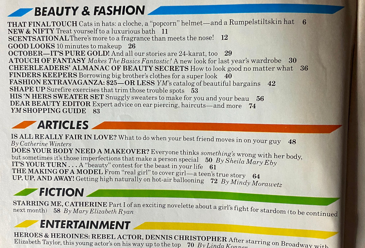 Table of contents from Young Miss Magazine, October 1981, showcasing sections on beauty, fashion, articles, fiction, and entertainment.