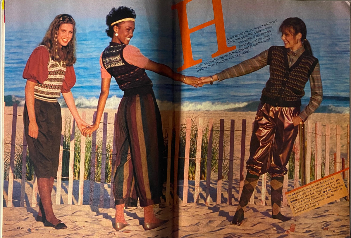 Fashion spread from Young Miss Magazine October 1981 showcasing stylish teenage outfits, featuring two models holding hands on a beach with vibrant 1980s attire and beach scenery.