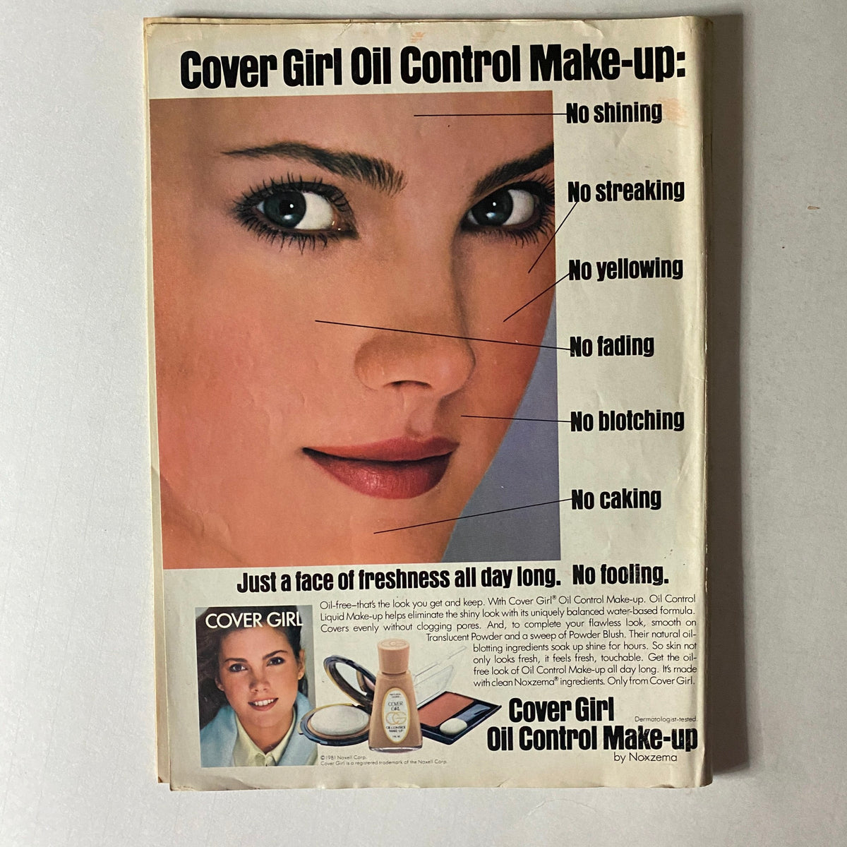 Cover Girl Oil Control Make-up advertisement from Young Miss Magazine October 1981, highlighting a woman's flawless skin and benefits of the makeup with informative labels.