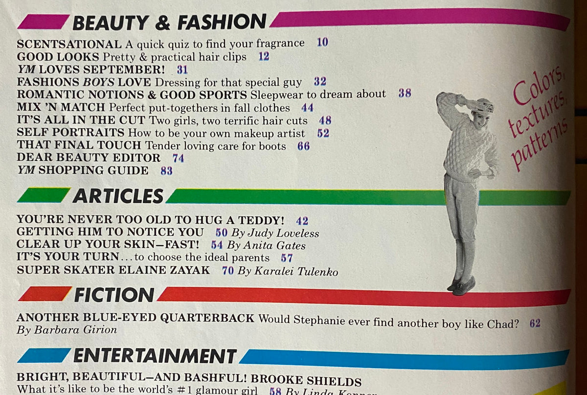 Table of contents from Young Miss Magazine September 1981 listing articles on beauty, fashion, and a featured fiction story 'Another Blue-Eyed Quarterback'.