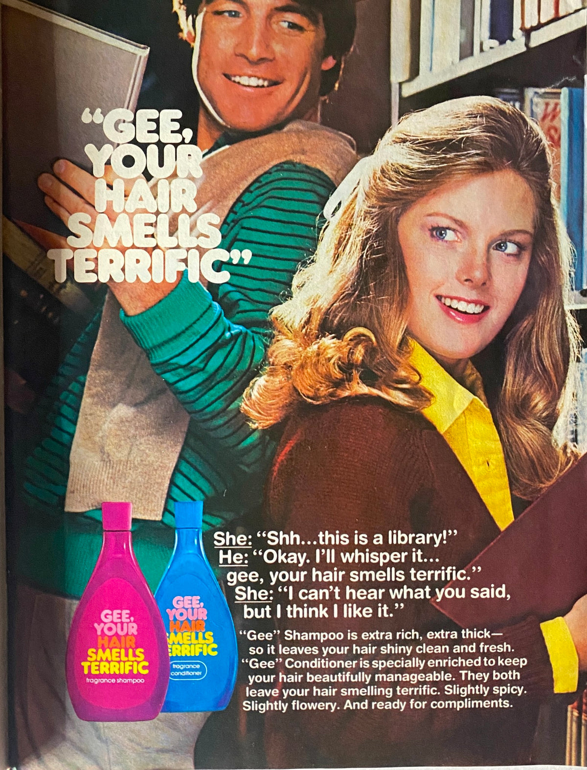 Ad from Young Miss Magazine September 1981 for ‘Gee, Your Hair Smells Terrific’ shampoo and conditioner with a couple in a library setting.