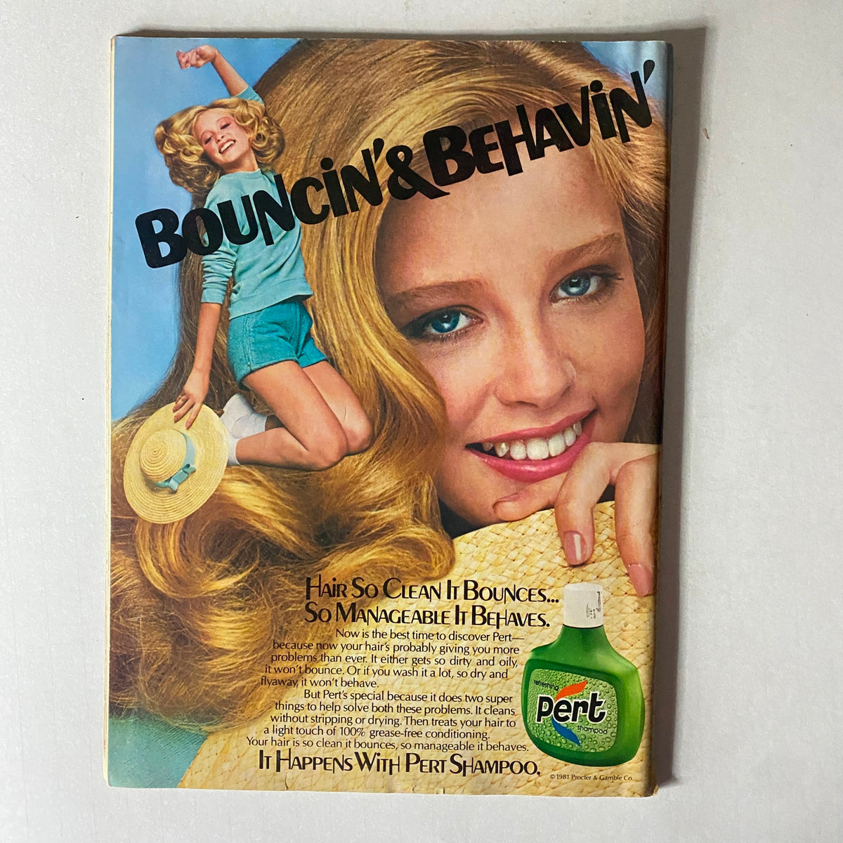 Cover of Young Miss Magazine September 1981 featuring a vintage advertisement for Pert Shampoo showcasing a girl with long bouncy hair and the text 'Hair So Clean It Bounces... So Manageable It Behaves...'