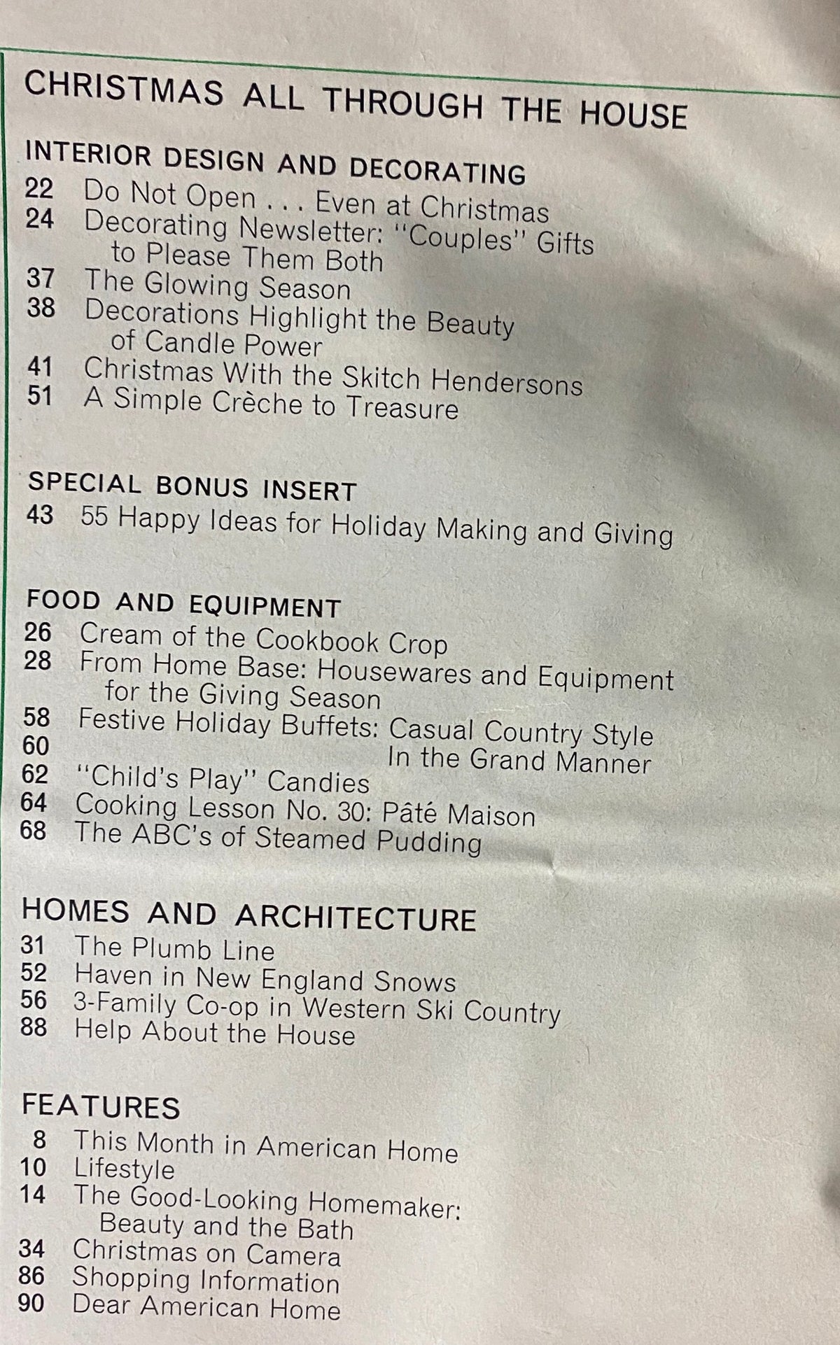 Table of contents from the December 1970 issue of American Home Magazine, featuring segments on holiday decorating and a special crafts insert titled '55 Happy Ideas for Holiday Making and Giving.'