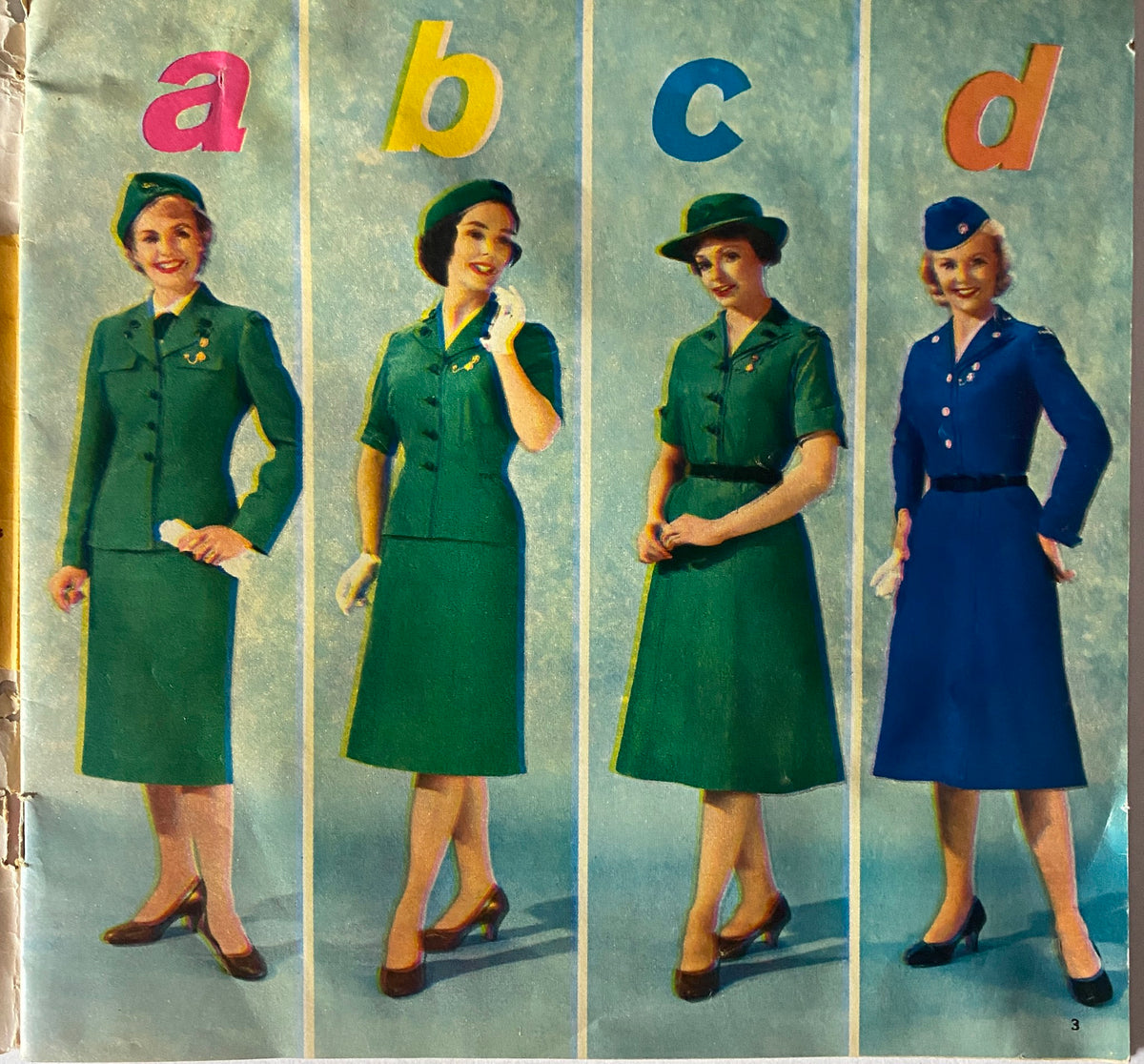 Page from the Girl Scout Equipment Fall 1959 Spring 1960 Catalog displaying four models in different Girl Scout uniforms, highlighting the styles and colors of the late 1950s.