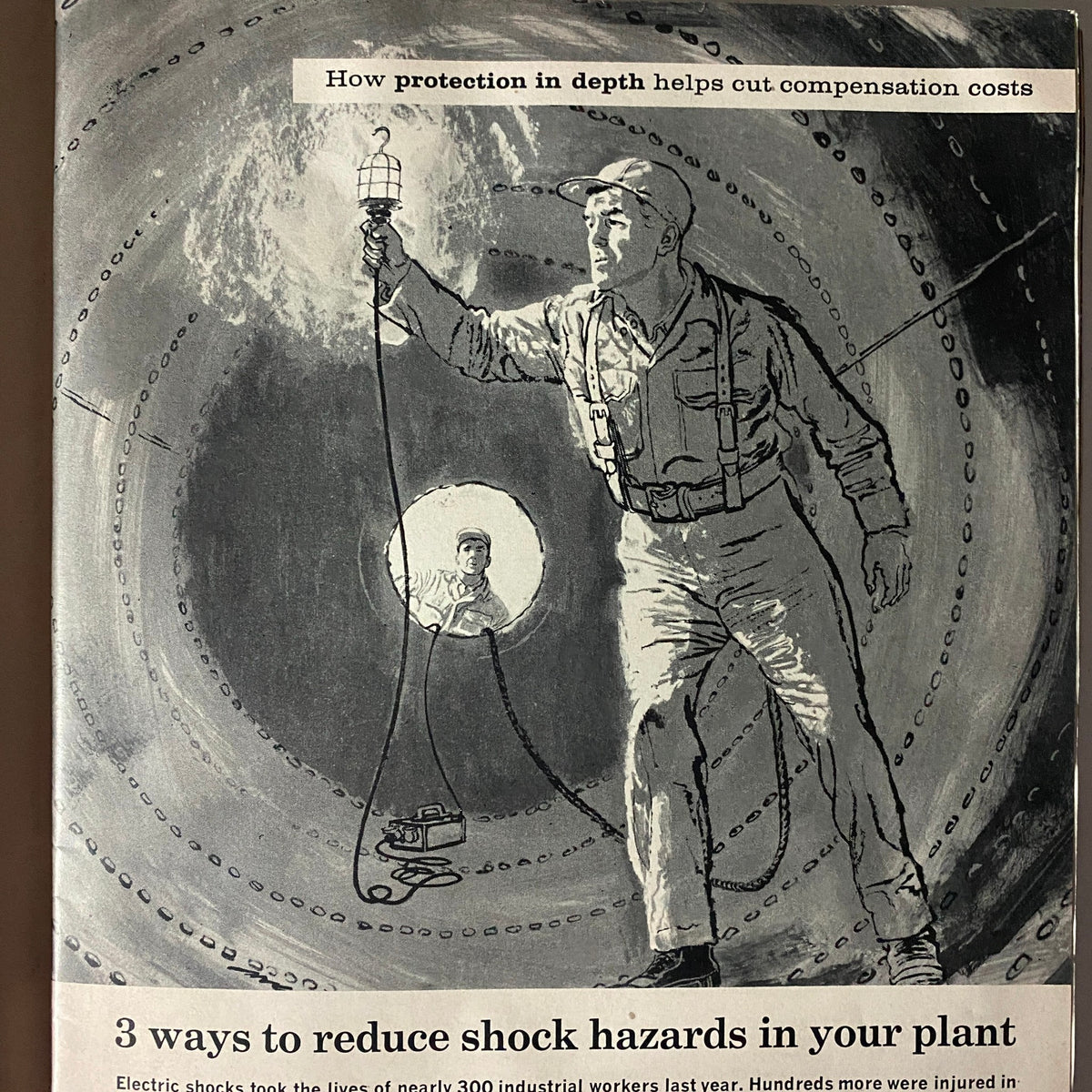 An illustration from U.S. News & World Report Magazine, April 25, 1960, showcasing workplace safety with a focus on reducing electrical hazards in industrial settings.