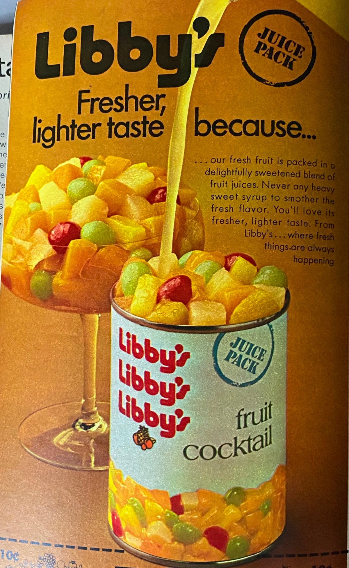 Vintage advertisement for Libby's Fruit Cocktail from Woman's Day Magazine December 1971, showcasing a refreshing fruit blend.