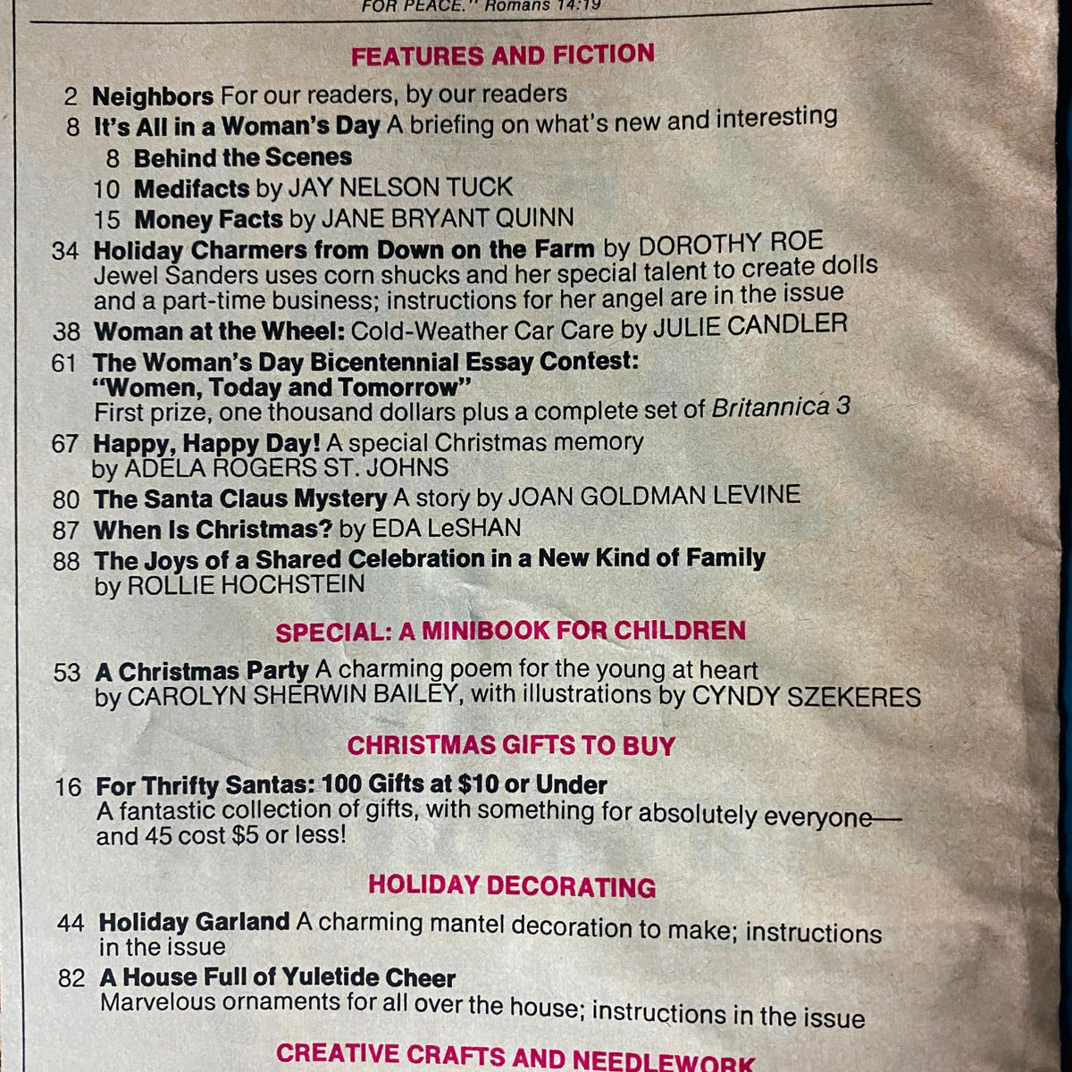 Table of contents from Woman's Day Magazine December 1975, showcasing articles about holiday crafts, including a DIY Holiday Garland and a special Christmas minibook for children.