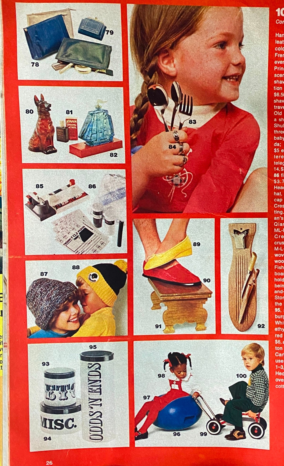 Page from Woman's Day Magazine December 1975 showcasing various holiday gift ideas along with a smiling child, representing vintage holiday nostalgia and creativity.