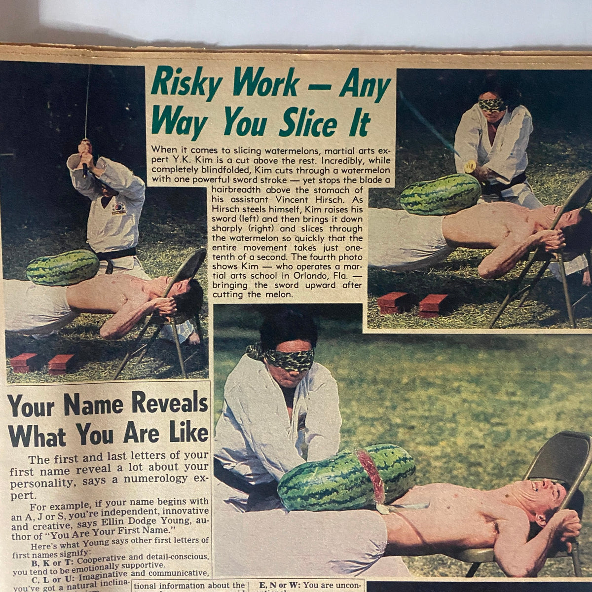 National Enquirer February 14 1984 cover featuring martial arts expert Y.K. Kim performing a daring watermelon cutting stunt while blindfolded.