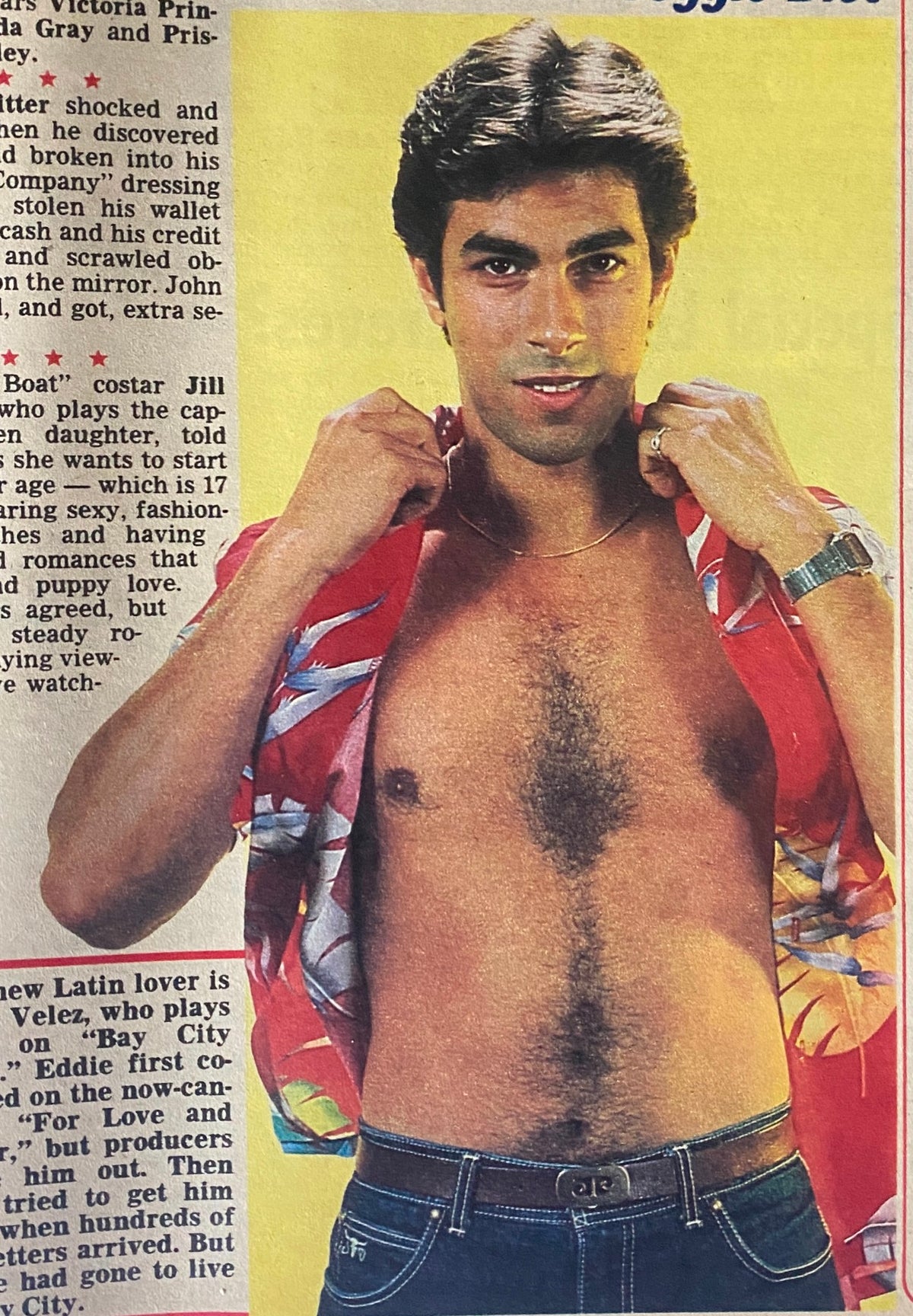 Image from National Enquirer Tabloid December 6 1983 featuring a male model in a tropical shirt, showcasing vintage 80s fashion. This edition includes stories about celebrity lives and Hollywood gossip.