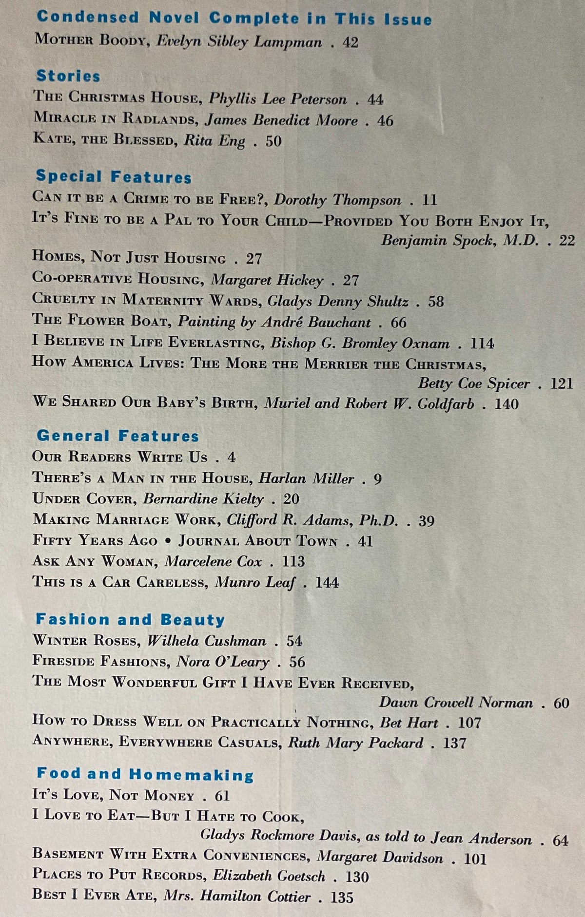 Contents page from the Ladies' Home Journal Magazine December 1958, listing features such as the condensed novel 'Mother Boody' and various articles on family, fashion, and homemaking.