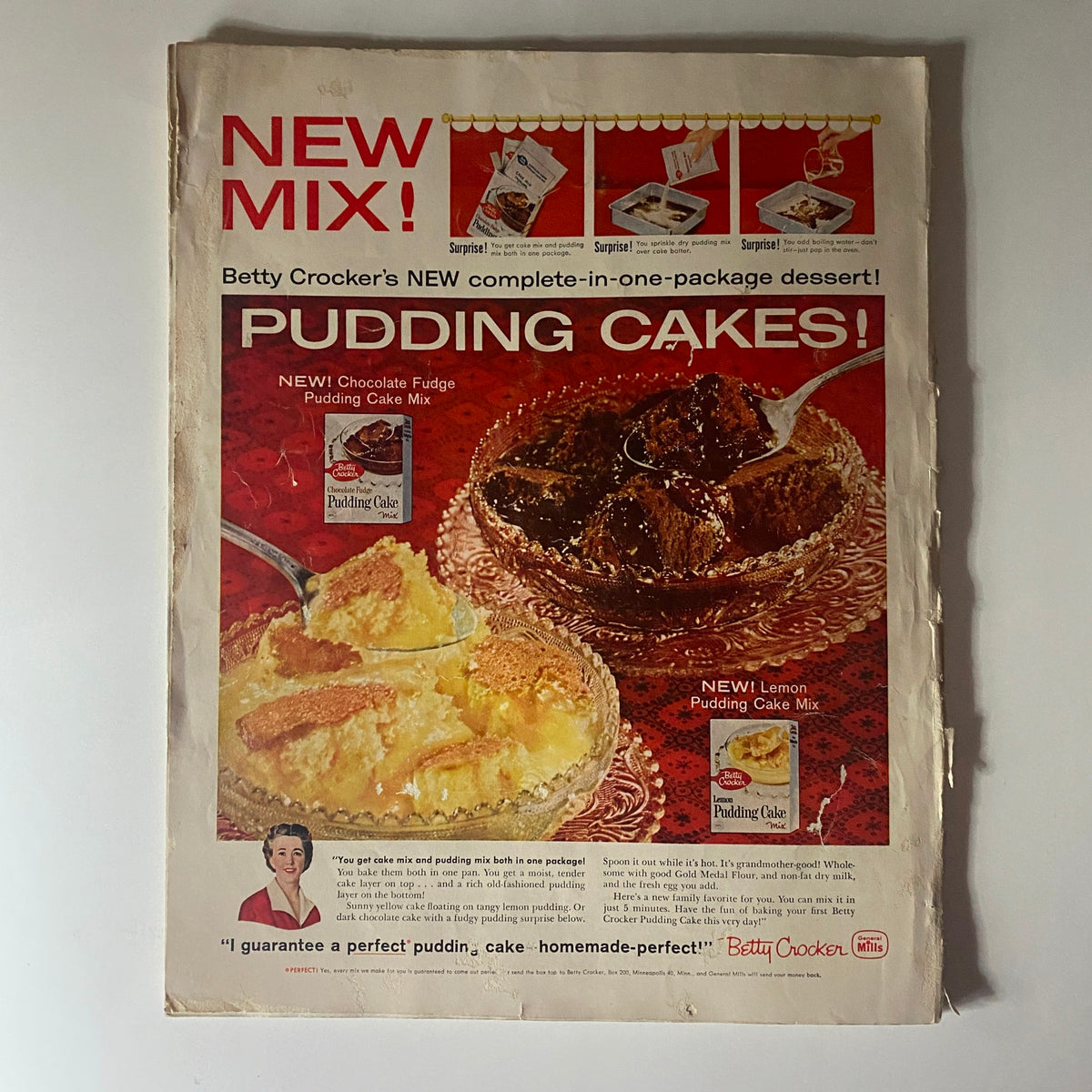 Cover of the Ladies' Home Journal Magazine from December 1958 featuring an advertisement for Betty Crocker's new Pudding Cake Mixes, showcasing Chocolate Fudge and Lemon Pudding Cake. This vintage magazine reflects mid-century advertising aesthetics, aligning with the magazine's theme of seasonal recipes and homemaking tips.