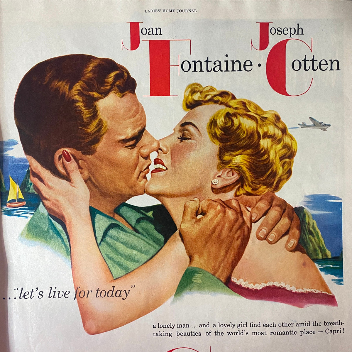 Illustration from Ladies' Home Journal Magazine February 1951 depicting a romantic scene with actors Joan Fontaine and Joseph Cotten, promoting a love story.