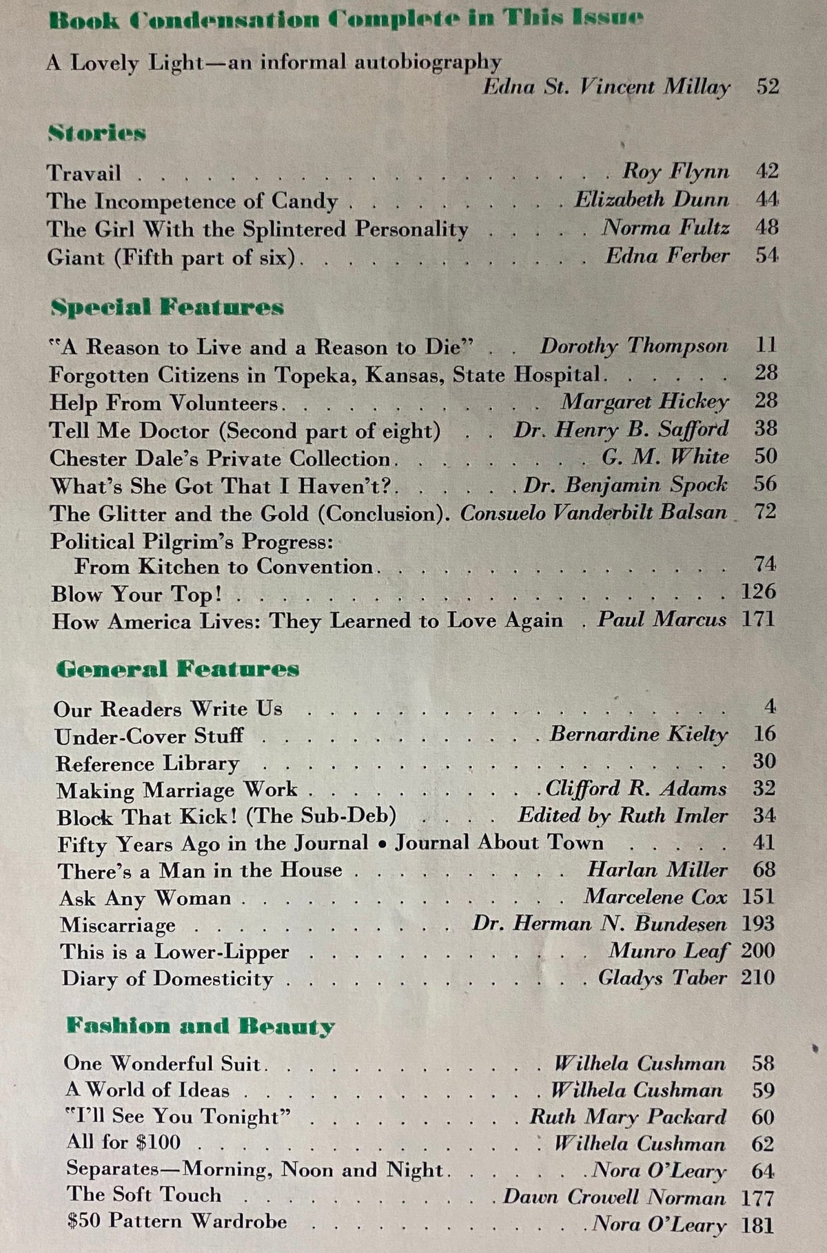 Table of contents from the October 1952 Ladies' Home Journal magazine, detailing featured articles and stories including Edna St. Vincent Millay's autobiography.